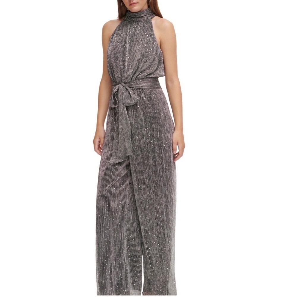 Eliza J Metallic Halter Jumpsuit Women 4 NWT Silver Sequin Wide Leg MSRP $188